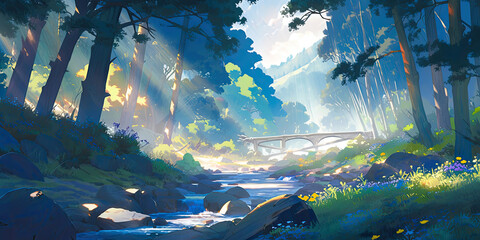 Wall Mural - anime cartoon style woodland forest background banner, generated ai