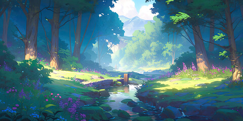 anime cartoon style woodland forest background banner, generated ai