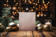 A Christmas Card Sitting On Top Of A Wooden Table. Generative AI.