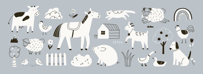 cute farm animals set in doodle scandinavian style. hand-drawn country horse, kawaii cow, sheep, chi