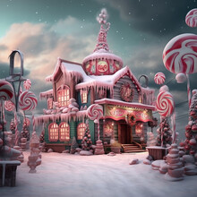 Magical Winter Holiday Town Made Of Candy And Sweets, Christmas Fairytale Castle