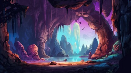 Abstract background mystical cave. Intricate illustration showcasing the enchanting allure of a mystic cave illuminated by neon lights. Generative AI.