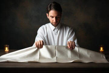 Wall Mural - A man in a white shirt folds a sheet of paper. Generative AI. Yom Kipur, Jewish High Holy Days. Yom Kipur, Jewish High Holy Days.