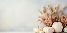 A Group Of White Pumpkins Sitting On Top Of A Table. Generative AI. Thanksgiving Season Decor, Copy-space, Place For Text.