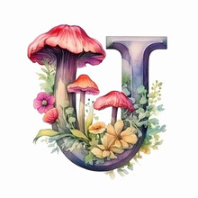 There Is A Watercolor Painting Of A Letter U With Mushrooms. Generative Ai.