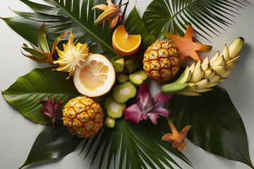 Top view with variety of fresh tropical fruits, palm leaves on the white background