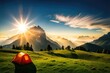 Camping in the mountains at sunset. Colorful summer landscape.