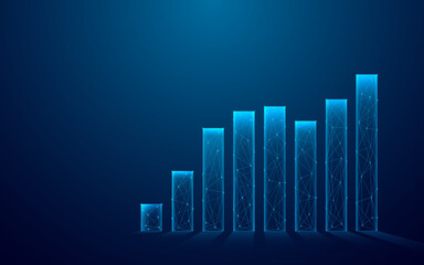 Poster - Digital grow chart graph in blue on technological background. Low poly wireframe vector illustration with 3d effect.