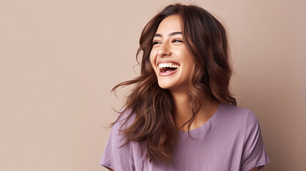 middle eastern woman in 30s, brown hair, cream background