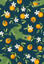 Seamless Wallpaper With Crocodile And Oranges On A Dark Background. Funny Pattern In The Style Of Painting.