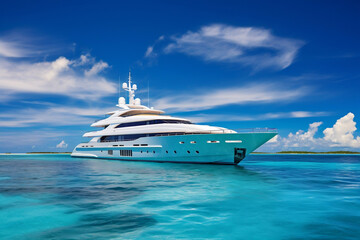 Wall Mural - A breathtaking picture of a lavish yacht sailing on a pristine blue sea under clear skies. 
The photo embodies the essence of a luxurious lifestyle and the joy of high-end leisure activities.