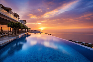 Canvas Print - A high-angle shot of a luxury hotel infinity pool overlooking the ocean at sunset. 
This image perfectly captures the serenity and elegance of luxury travel and leisure experiences.