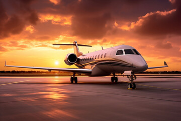 Sticker - A powerful image showcasing a private jet parked on the tarmac at sunset. 
The vibrant colors of the setting sun reflected on the sleek surface of the aircraft exude an air of exclusivity and luxury.