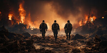 Photorealism Of Close-up Shot From Behind Three Special Forces Soldiers Cross A War Zone Destroyed By Bombs And Smoke In The Desert. Telephoto Lens Realistic Lighting
