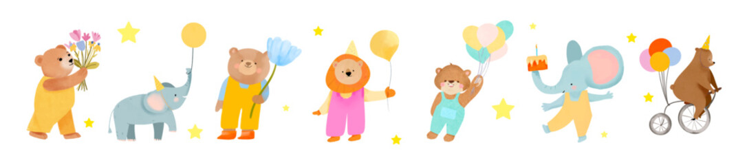 Happy birthday animal vector set.  Cute little lion, bears, elephants with balloons, Watercolor. Party funny animal character illustrations for greeting card, invitation, banner, poster, textile