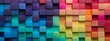Abstract geometric rainbow colors colored 3d wooden square cubes texture wall background banner illustration panorama long, textured wood wallpaper (Generative Ai)