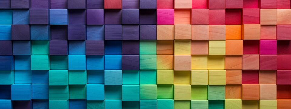 Abstract geometric rainbow colors colored 3d wooden square cubes texture wall background banner illustration panorama long, textured wood wallpaper (Generative Ai)