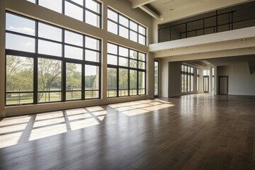 Poster - Architectural design featuring an unfurnished living room that boasts expansive windows.