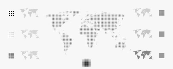 Wall Mural - set of flat earth world maps with round dots in different resolution. round pixel pattern. modern di
