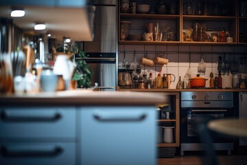 A kitchen interior with a blurred effect, suitable for use as a background.