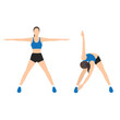 Woman doing exercise with cross body toe touches in 2 Step. Back Stretch. Flat vector illustration isolated on white background