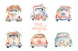 Set of hand drawn watercolor wedding car isolated on background.