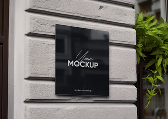 black square signboard mockup in outside for logo design, brand presentation for companies, ad, adve