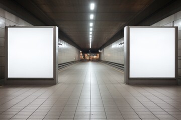 Mockup of empty vertical advertising banners or posters placed in an underground tunnel walkway, specifically designed for out of home media displays. The display space is equipped with lightboxes and