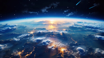 Wall Mural - Panoramic view on planet Earth globe from space. Glowing city lights, light clouds. Generative AI