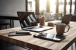 © Lasvu - A close up of a laptop with a blank screen sitting on a wooden desk with stationery and a cup of coffee is seen above contemporary office furnishings. Technology and business concepts. Generative AI