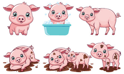 Wall Mural - set of pink cute pig cartoon character playing mud