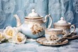 Elegant Tea Time: Delicate Background with Lace Tablecloth and Fine China Tea Set, generative AI