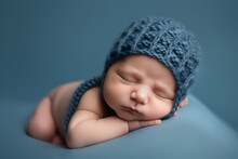 Newborn Baby Boy In A Blue Knitted Hat