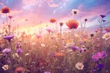 Fototapeta Kosmos - Whimsical Beauty: Soft Pastel Sunset Ablaze over a Field of Blooming Flowers, generative AI