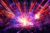 Fototapeta  - High-Energy Music Concert: Dynamic Background with Jumping Crowd, Stage Lights & Electrifying Atmosphere, generative AI
