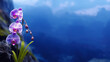 Orchidee in Lila mit einer schönen Berglandschaft im Hintergrund Nahaufnahme, ai generativ
