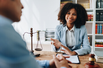 Wall Mural - african american attorney, lawyers discussing contract or business agreement at law firm office, Business people making deal document legal, justice advice service concepts