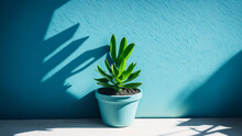 Green Succulent In Concrete Plant Pot With Decorative Shadows On A Blue Wall And Table Surface In Home Interior. Game Of Shadows On A Wall From Window At The Sunny Day. Minimalist Vertical Background