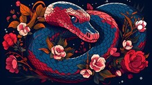 Snake With Flowers On Black Background. 8k Resolution