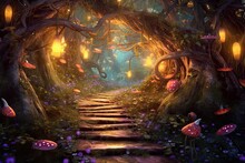 Enchanted Forest: Glowing Path, Whimsical Creatures, Mystical Wonder - A Magical Background, Generative AI