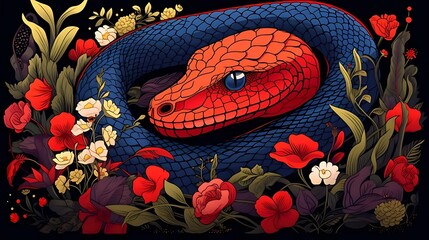 Snake with flowers on black background. 8k resolution