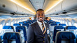 © annebel146 - Smiling African male flight attendant portrait standing in plane. Dark skinned steward at work. handsome man passengers aircraft