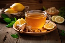 Health, Conventional Medicine, Folk Remedy, And Ethnoscience Ideas Image Of A Cup Filled With Ginger Tea Mixed With Honey, Citrus Fruits, And Garlic Placed On A Wooden Background.