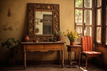 Wall Mural - The vintage stucco wall of a traditional country village home interior is adorned with a handmade craft mirror, framed in a wooden retro picture frame. The mirror is large in size, giving a clear