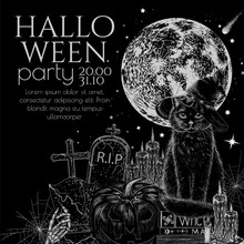 Halloween Invitation Vector Template In Engraving Style. A Black Cat In A Hat Sits On Books, A Carved Pumpkin, Candles And A Full Moon