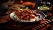 Twice-Cooked Pork, juicy and glazed in a shiny sweet and spicy sauce, served on a bamboo mat with chopsticks and rice
