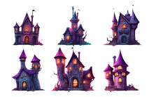 Set Vector Illustration Of Magic Castle Halloween Concept Isolated On White Background