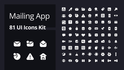 Poster - Mailing app white glyph ui icons kit for dark mode. Communication technology. Silhouette symbols on black background. Solid pictograms for web, mobile. Vector isolated illustrations. Poppins font used