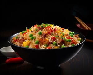 Wall Mural - A vivid image capturing the details of freshly cooked Fried Rice, served in a white china bowl elevated against a black background, taken using a Sony Alpha 7R IV camera, using a tilt-shift lens --v 5