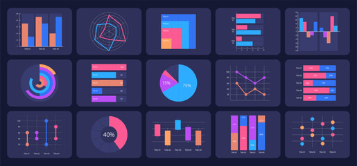 Wall Mural - financial analysis infographic chart design template set for dark theme. visual data presentation. e